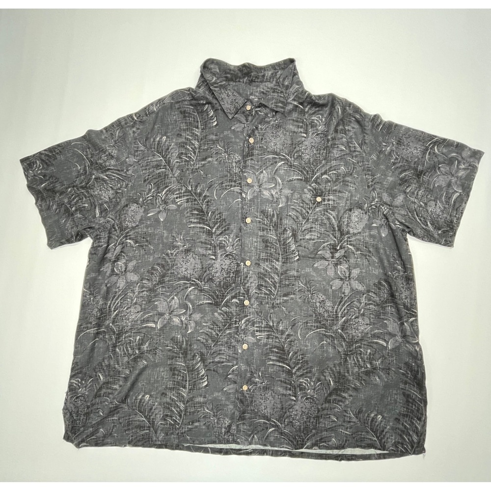 Campia Mens 2XL Black Grey Tropical Palm Pineapple Rayon Button Up Shirt Y2K - Picture 2 of 4